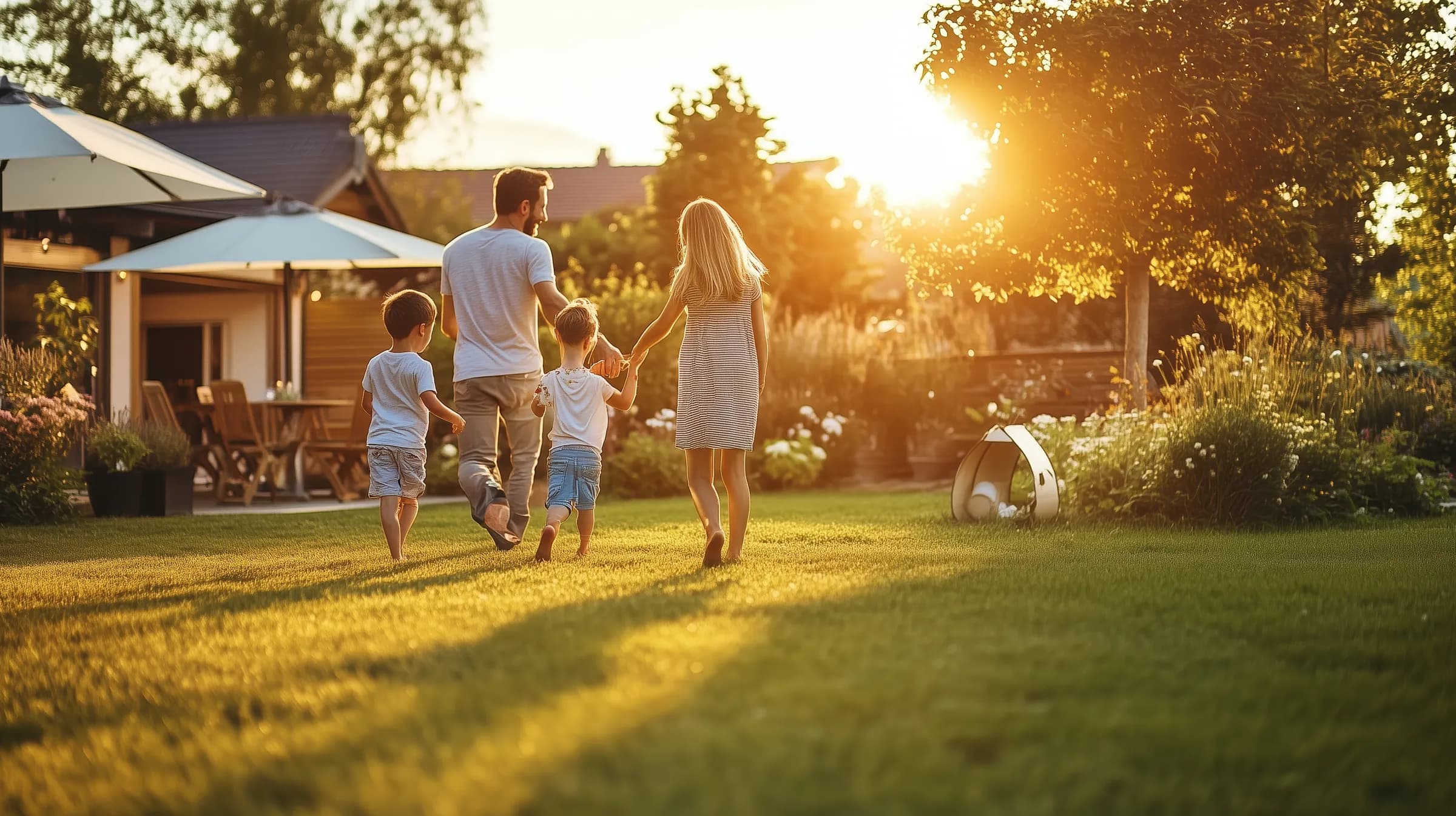 A family in the backyard of their home at sunset